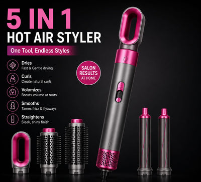 5-in-1 Hot Air Brush Hair Styler – Hair Dryer, Straightener, Curler & Volumizer